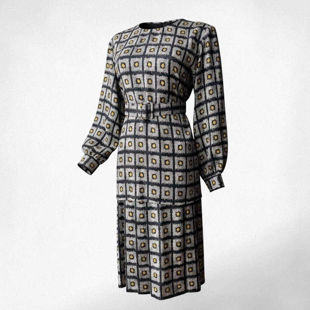 Vintage LIHLI New York Silk 2 Pc Skirt Set Belted Geometric Pleated